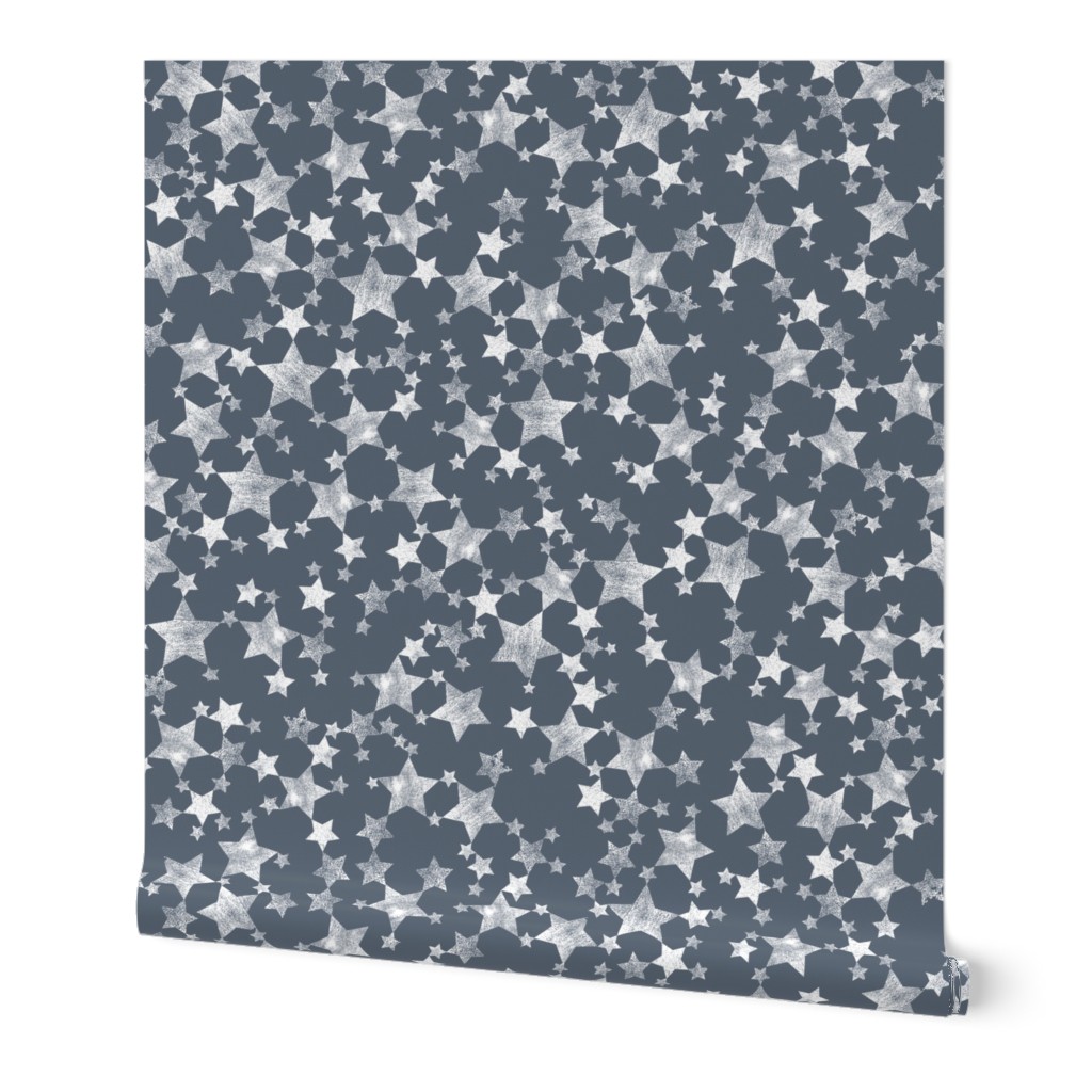 Lino Print Dark Blue-Gray and White Stars