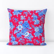 Large Watercolor Floral/Blues on Red