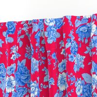 Large Watercolor Floral/Blues on Red