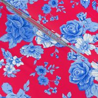 Large Watercolor Floral/Blues on Red