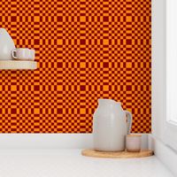 LS - Tiny  Liquid Sun Checkerboard with Striped Border,  orange and rust