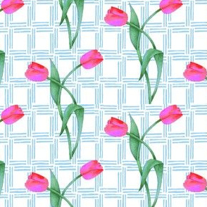 Two Tulips on a Trellis of Light Blue