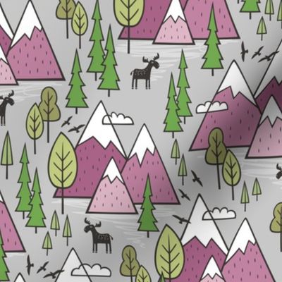 Mountains Forest Woodland Trees & Moose Mauve on Grey