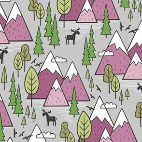 Mountains Forest Woodland Trees & Moose Mauve on Grey