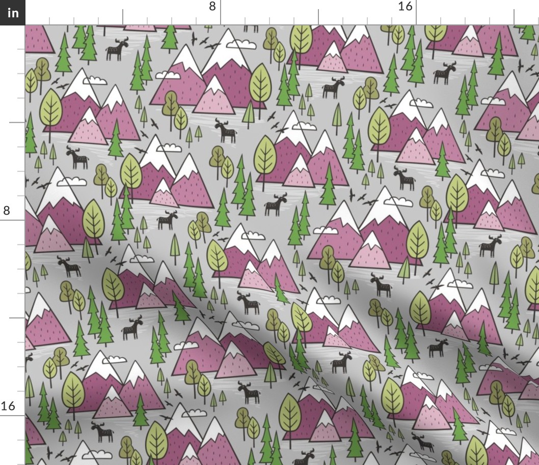 Mountains Forest Woodland Trees & Moose Mauve on Grey