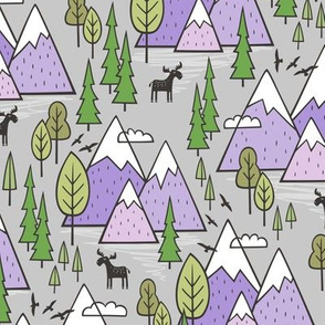 Mountains Forest Woodland Trees & Moose Lavender Purple on Grey