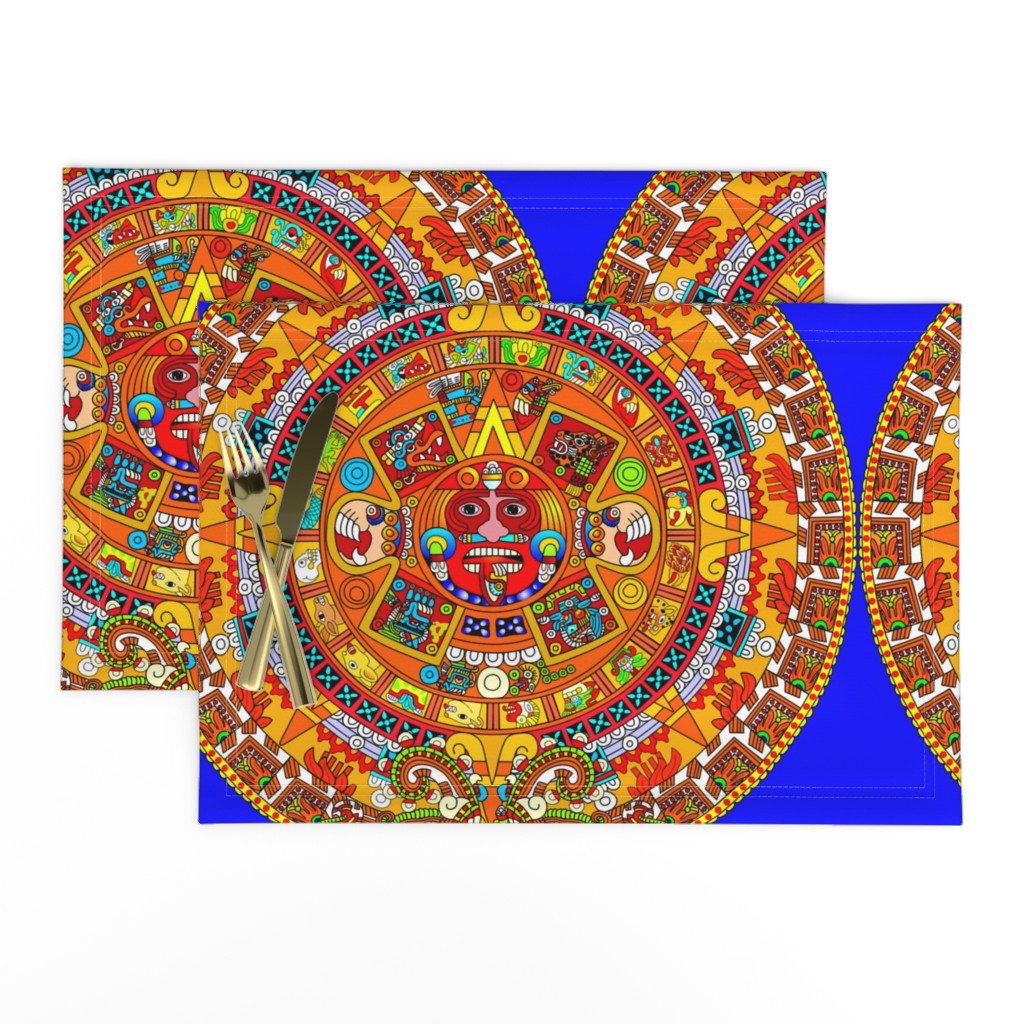 1 Aztec calendar stone mexico mexican tribal sun deities deity myths legends colorful gods goddesses jaguars wind rain water monkeys folk art ancient Tonatiuh sacrificial sacrifices Tlaltecuhtli Tenochtitlan  blue brown yellow