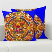 1 Aztec calendar stone mexico mexican tribal sun deities deity myths legends colorful gods goddesses jaguars wind rain water monkeys folk art ancient Tonatiuh sacrificial sacrifices Tlaltecuhtli Tenochtitlan  blue brown yellow