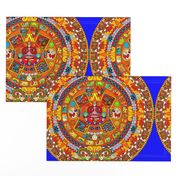 1 Aztec calendar stone mexico mexican tribal sun deities deity myths legends colorful gods goddesses jaguars wind rain water monkeys folk art ancient Tonatiuh sacrificial sacrifices Tlaltecuhtli Tenochtitlan  blue brown yellow