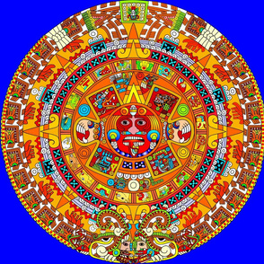 1 Aztec calendar stone mexico mexican tribal sun deities deity myths legends colorful gods goddesses jaguars wind rain water monkeys folk art ancient Tonatiuh sacrificial sacrifices Tlaltecuhtli Tenochtitlan  blue brown yellow