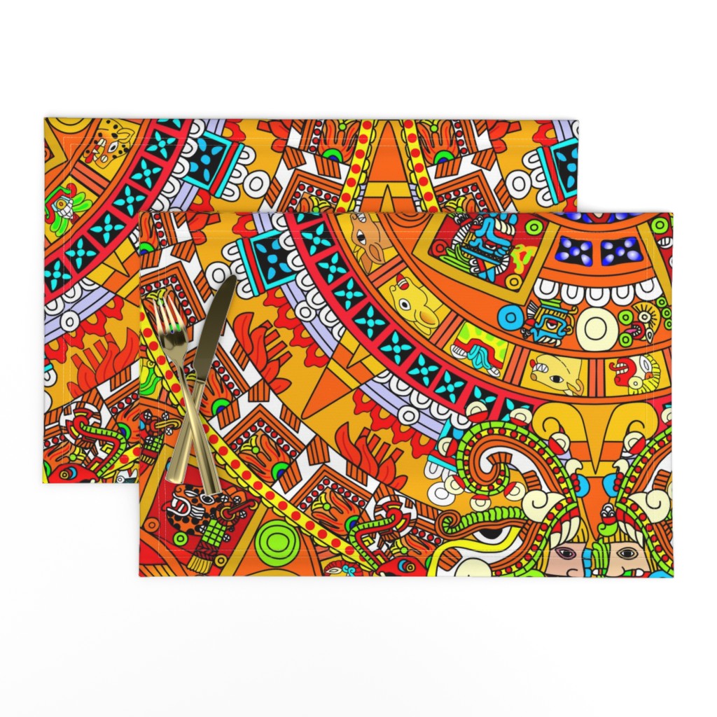 2 Aztec calendar stone mexico mexican tribal sun deities deity myths legends colorful gods goddesses jaguars wind rain water monkeys folk art ancient Tonatiuh sacrificial sacrifices Tlaltecuhtli Tenochtitlan blue brown yellow 
