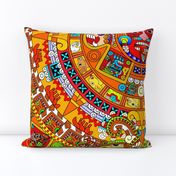 2 Aztec calendar stone mexico mexican tribal sun deities deity myths legends colorful gods goddesses jaguars wind rain water monkeys folk art ancient Tonatiuh sacrificial sacrifices Tlaltecuhtli Tenochtitlan blue brown yellow 