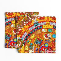 2 Aztec calendar stone mexico mexican tribal sun deities deity myths legends colorful gods goddesses jaguars wind rain water monkeys folk art ancient Tonatiuh sacrificial sacrifices Tlaltecuhtli Tenochtitlan blue brown yellow 