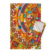 2 Aztec calendar stone mexico mexican tribal sun deities deity myths legends colorful gods goddesses jaguars wind rain water monkeys folk art ancient Tonatiuh sacrificial sacrifices Tlaltecuhtli Tenochtitlan blue brown yellow 