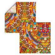 2 Aztec calendar stone mexico mexican tribal sun deities deity myths legends colorful gods goddesses jaguars wind rain water monkeys folk art ancient Tonatiuh sacrificial sacrifices Tlaltecuhtli Tenochtitlan blue brown yellow 