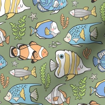 Tropical Fish on Olive Green