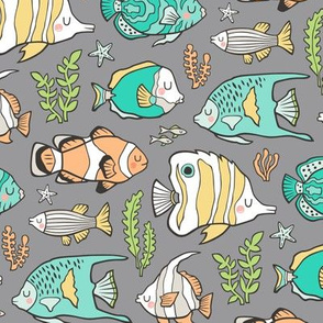 Tropical Fish Mint Green on Grey