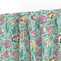 Tropical Fish Pink on Mint Green