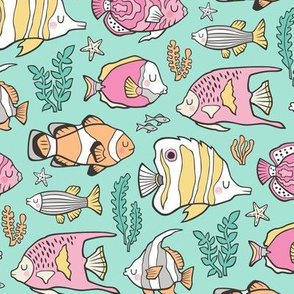 Tropical Fish Pink on Mint Green