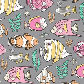 Tropical Fish Pink on Grey