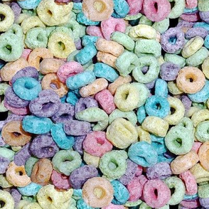 2 pastel fruit flavored breakfast cereal loops rings rainbow colorful food green purple blue red yellow seamless pop art 