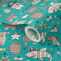 Pirate Sharks Nautical Ocean Adventure Doodle on Teal Green