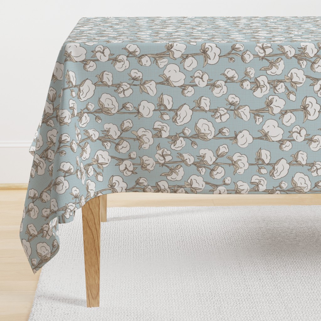 Farmhouse Cotton Stalk Stripe - Blue // modern farmhouse cotton boll bloom cotton vine stalk fluff light blue cream fabric