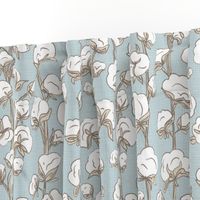 Farmhouse Cotton Stalk Stripe - Blue // modern farmhouse cotton boll bloom cotton vine stalk fluff light blue cream fabric