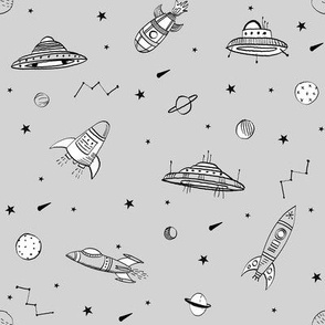 spaceships ufo fabric outer space quilt coordinates light grey