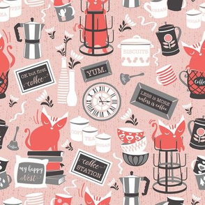 Small scale // Modern farmhouse coffee station // pink background & red cats