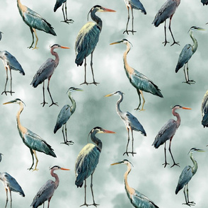 Blue Herons on Gray  Green Watercolor Sky