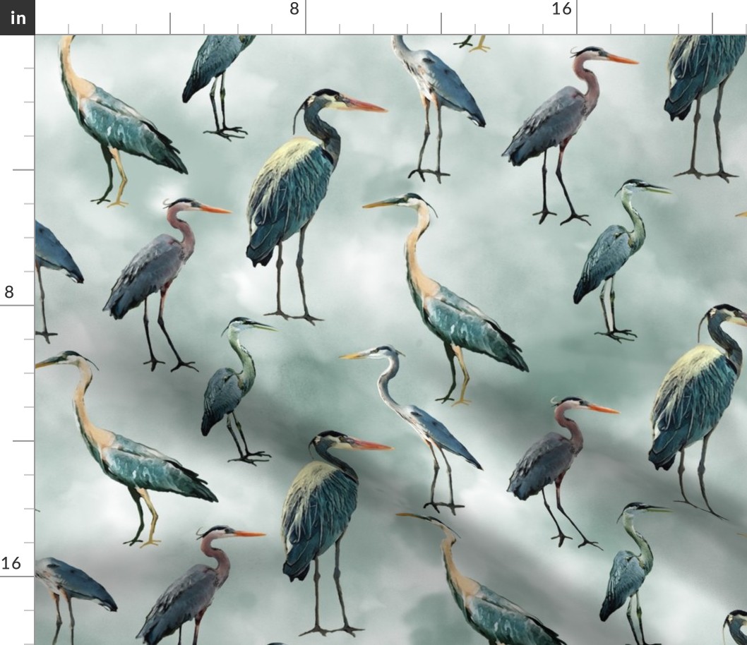 Blue Herons on Gray  Green Watercolor Sky