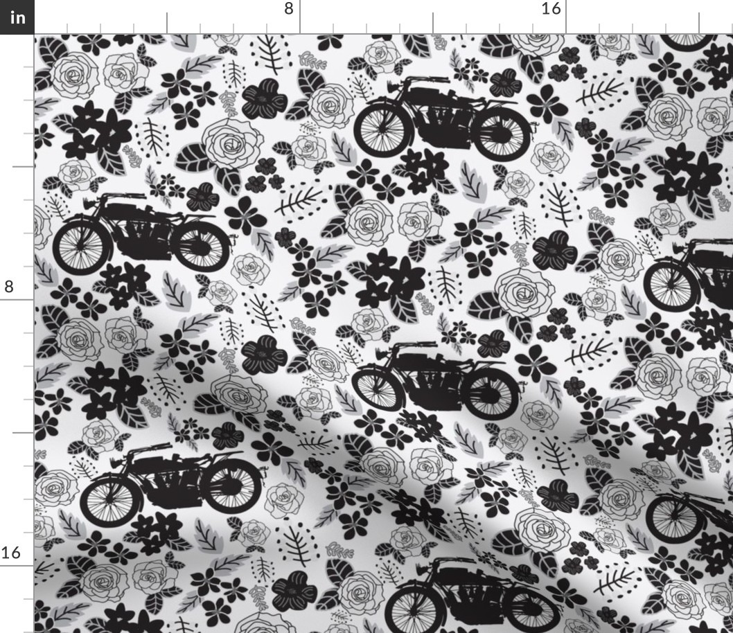 Vintage Motorcycle on Black & Grey Floral // Large