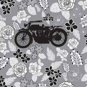 Vintage Motorcycle on Grey Floral // Large