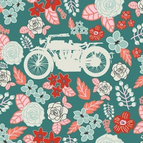 Vintage Motorcycle on Azalea & Morning Glory Floral // Large