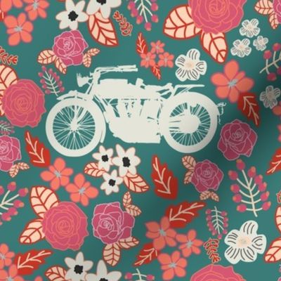Vintage Motorcycle on Cranberry & Persian Red Floral // Large