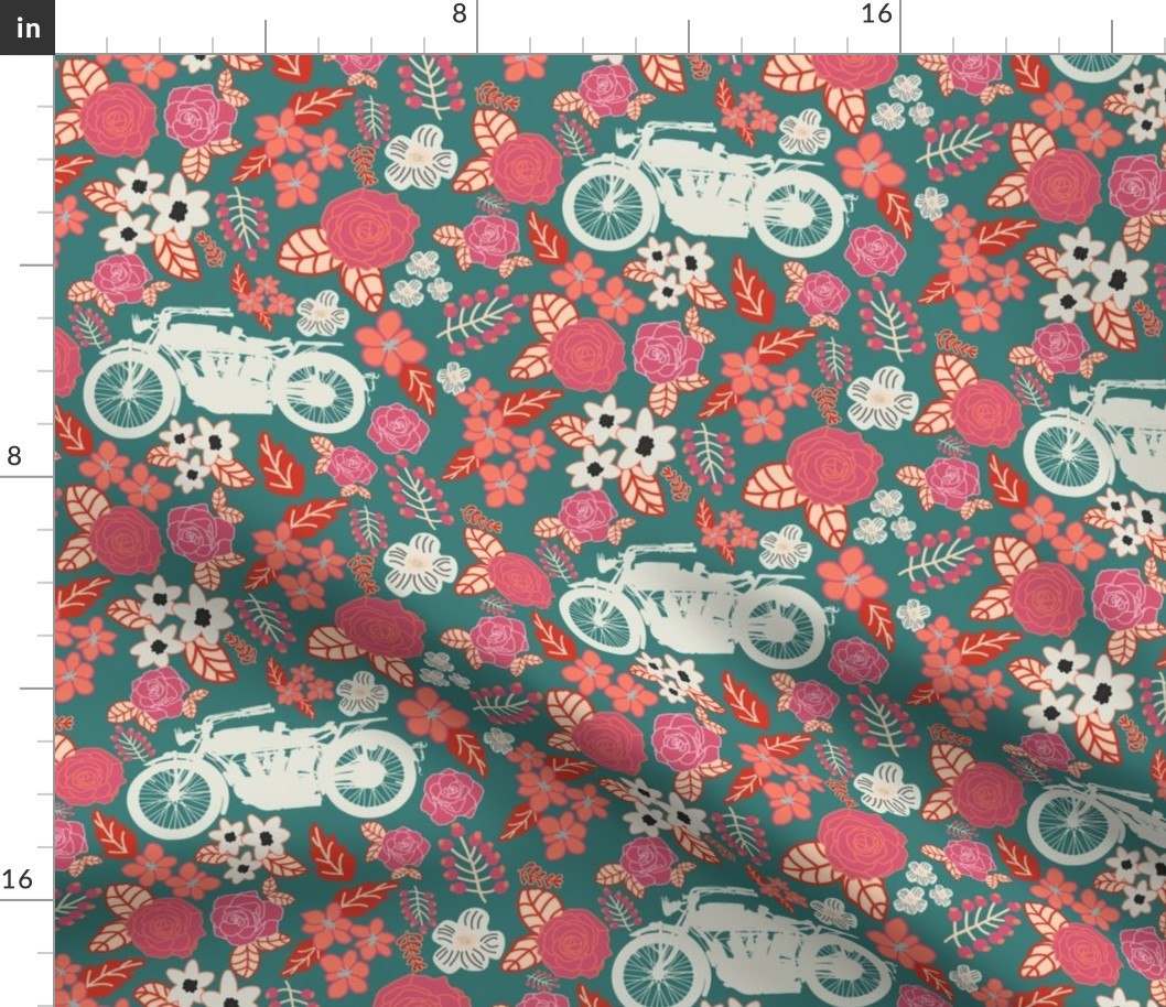 Vintage Motorcycle on Cranberry & Persian Red Floral // Large