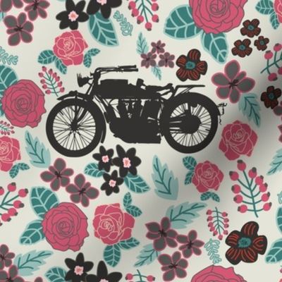 Vintage Motorcycle on Ming Green & Cranberry Floral // Large