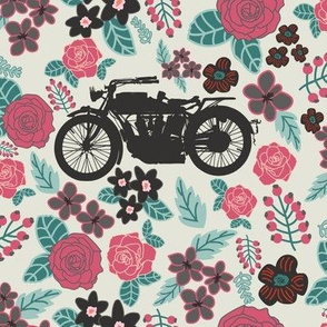 Vintage Motorcycle on Ming Green & Cranberry Floral // Large