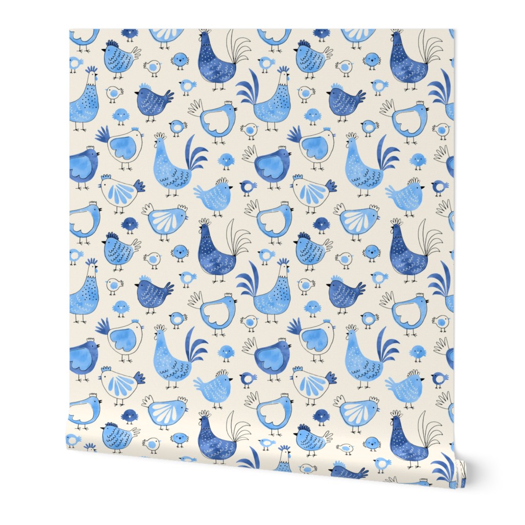 Chicken and rooster in watercolor blue on creme