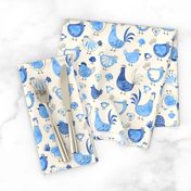 Chicken and rooster in watercolor blue on creme