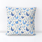 Chicken and rooster in watercolor blue on creme