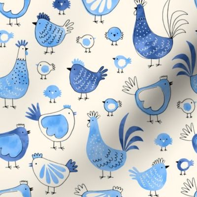 Chicken and rooster in watercolor blue on creme