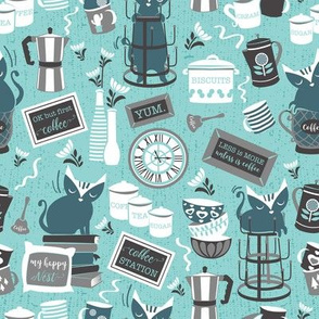 Small scale // Modern farmhouse coffee station // aqua background teal cats