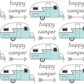 vintage blue trailer with happy camper arrow