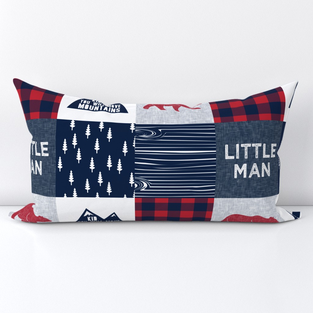 Little Man & You Will Move Mountains Quilt Top -red and navy -  buffalo plaid (bear)