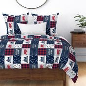 Little Man & You Will Move Mountains Quilt Top -red and navy -  buffalo plaid (bear) (90)