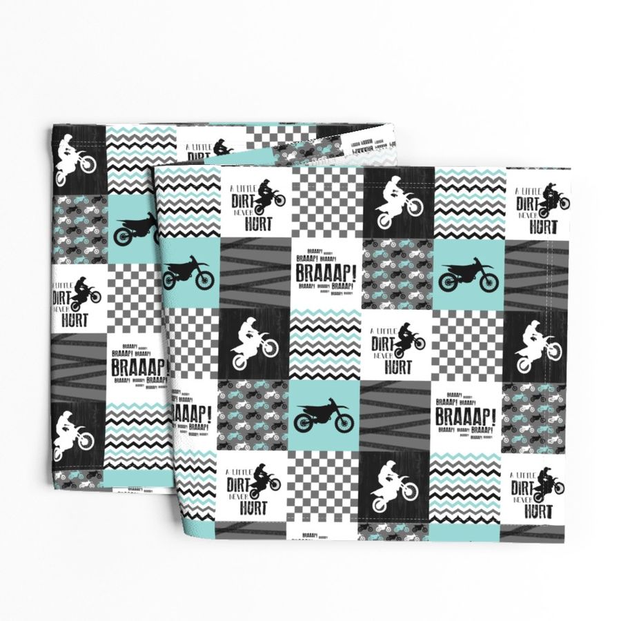 3 inch Motocross//A little dirt never hurt - wholecloth cheater quilt - aqua - rotated