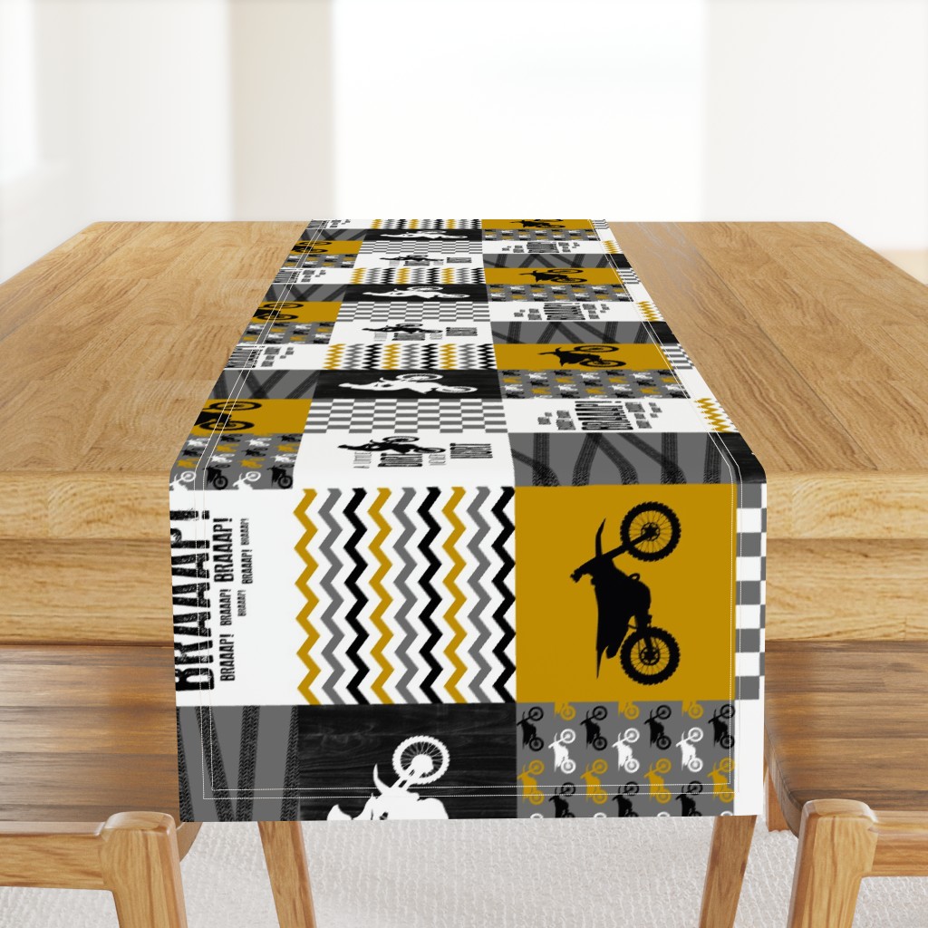 Motocross//A little dirt never hurt - wholecloth Cheater quilt - Mustard - rotated 