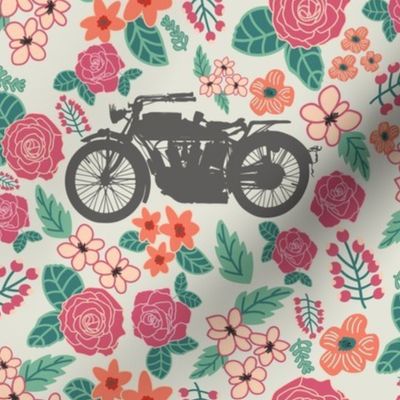 Vintage Motorcycle on Carnation & Cranberry Floral // Large